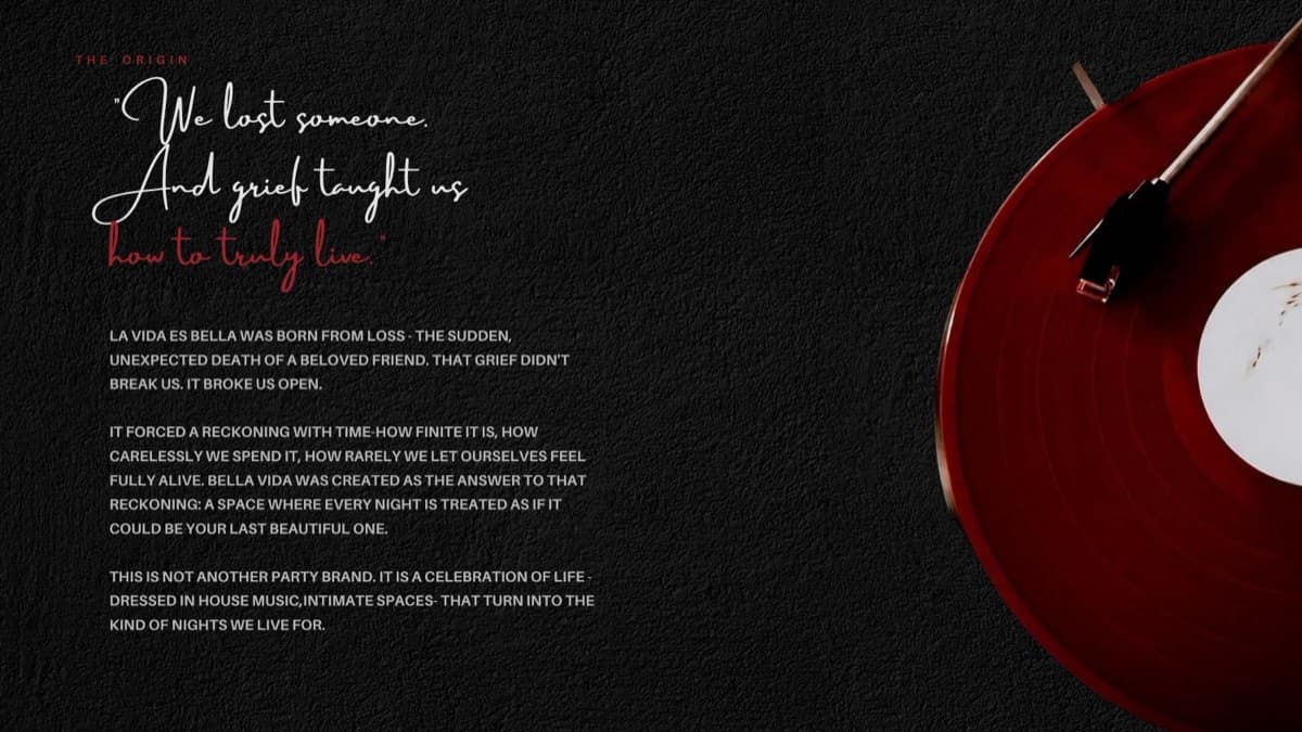 BELLA VIDA pitch deck slide: The Origin — 'We lost someone. And grief taught us how to truly live.'