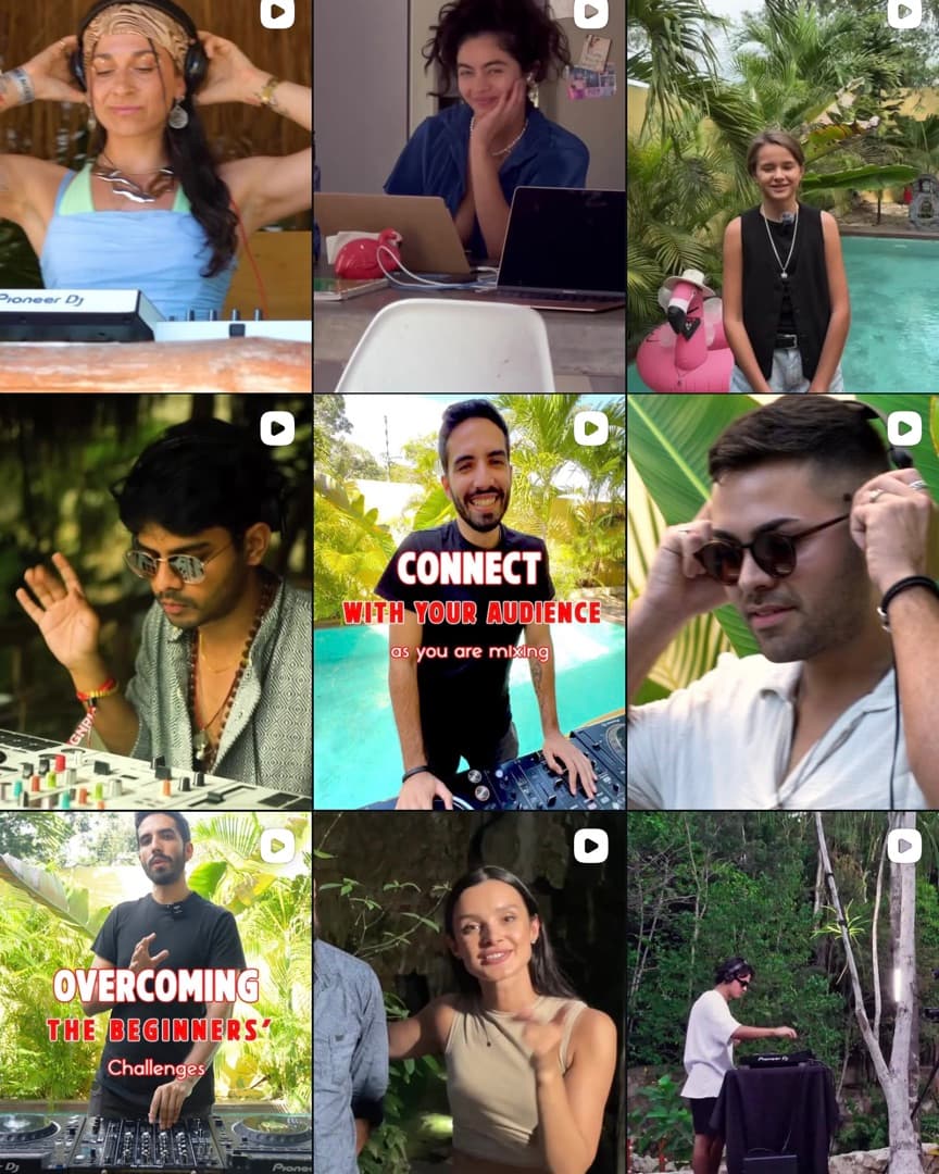 Tulum DJ Academy's Instagram grid before Elevar — mixed lighting, inconsistent colour and no shared visual system between posts.